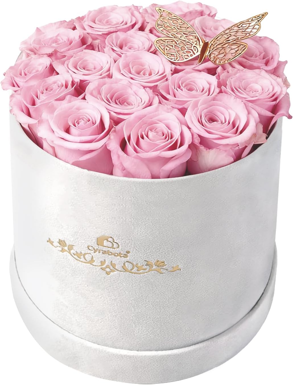 Cyrabota 16 pink preserved roses in a white round gift box with gold butterfly
