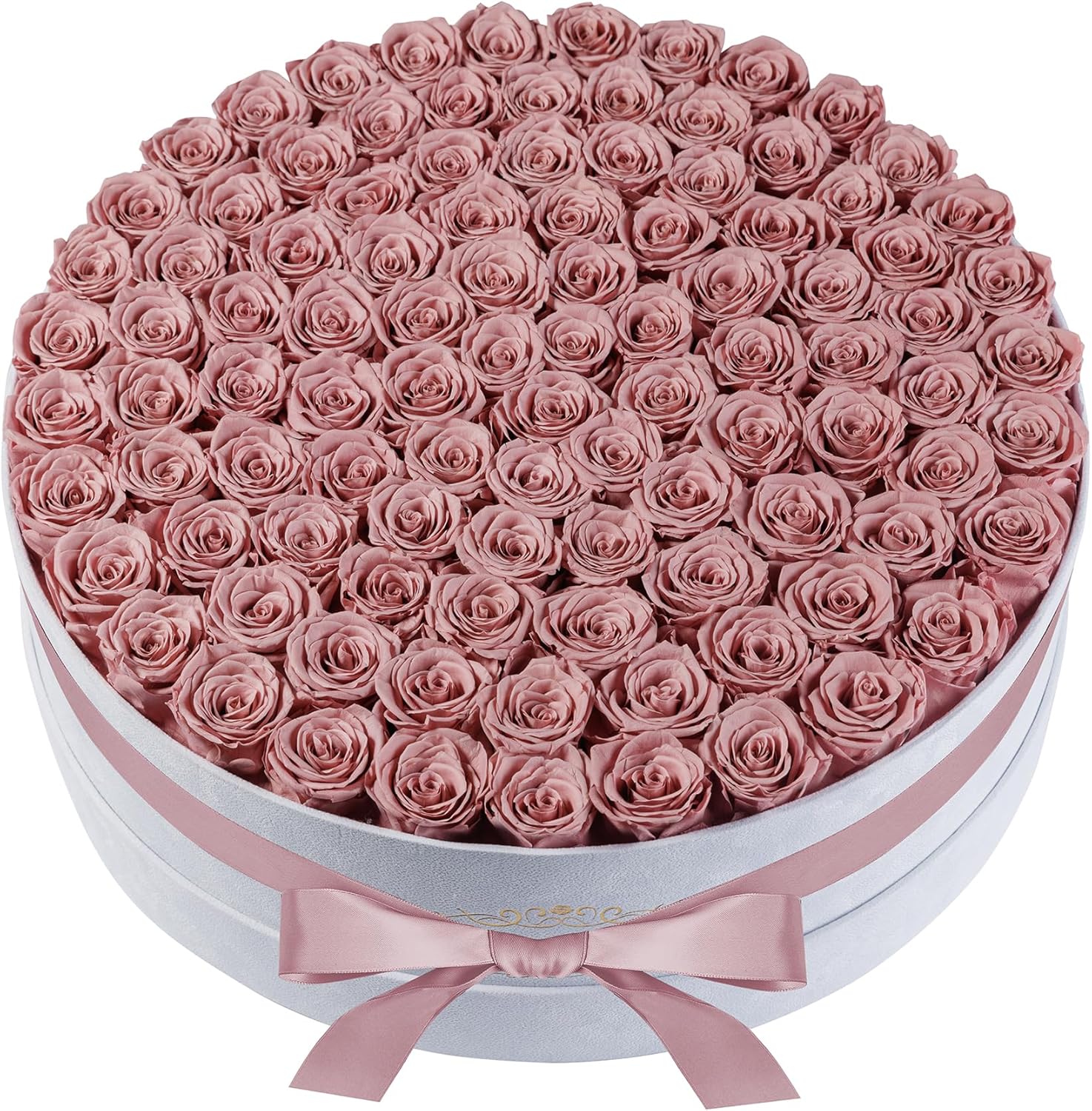 Perfectione 100 dusty rose preserved roses in a white velvet gift box with pink ribbon