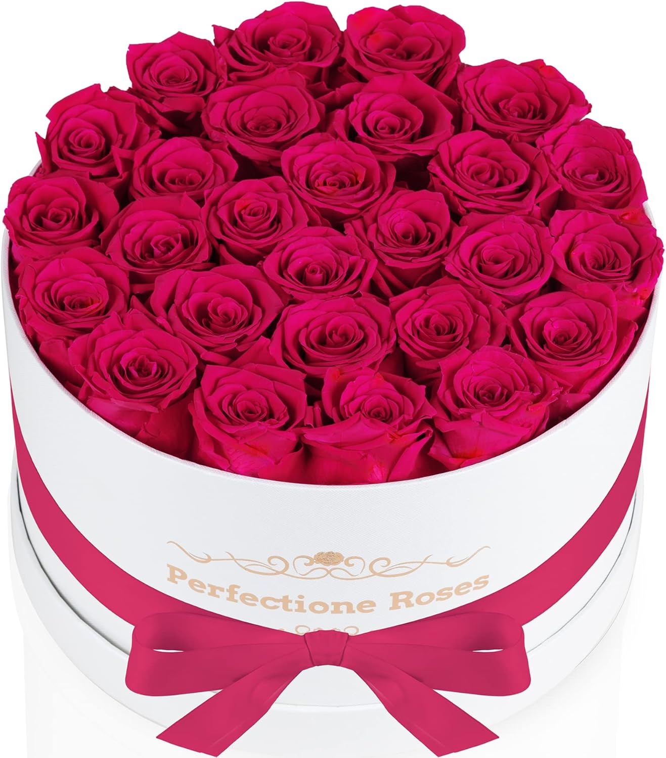 Perfectione 27 radiant pink preserved roses in a round gift box