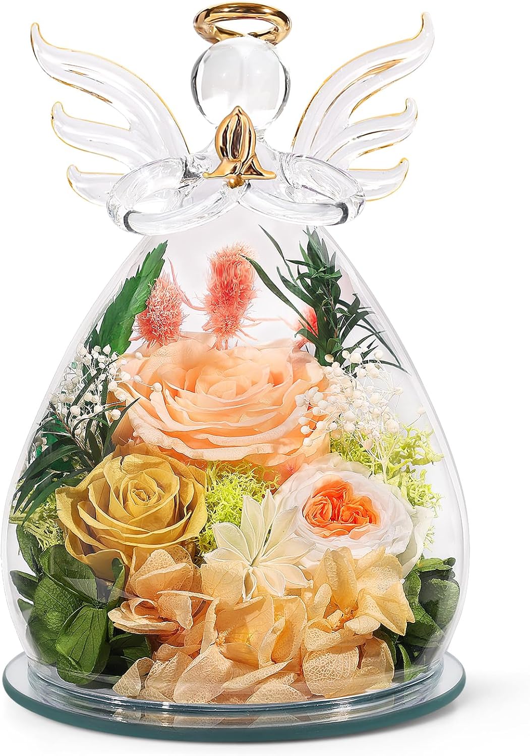 Preserved rose angel figurine with champagne flowers and gold accents